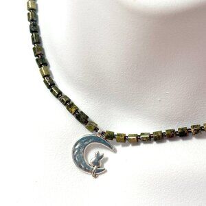 Green Unakite Short Necklace, Genuine Gemstone & Silver Cat on the Moon Pendant